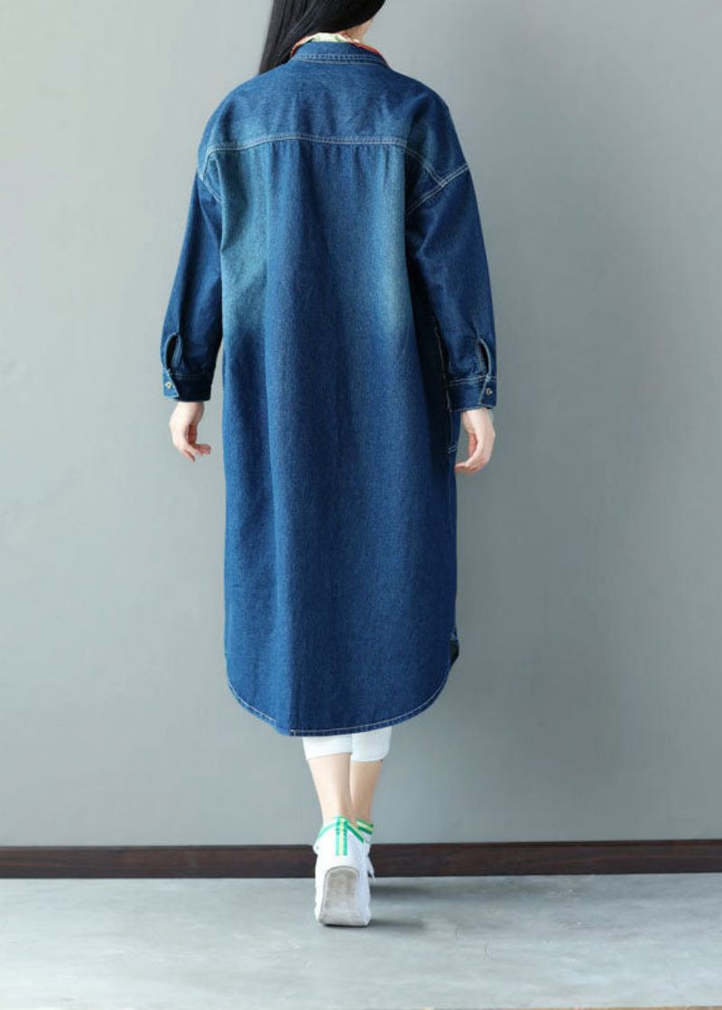 Art Blue Oversized Patchwork Applikation Cotton Denim Trench Spring - Trenchcoats för kvinnor