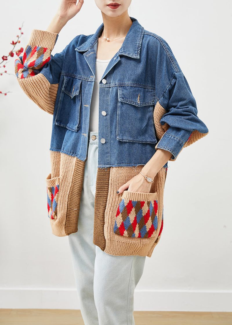 Art Blue Oversized Patchwork-fickor Denimjacka Höst