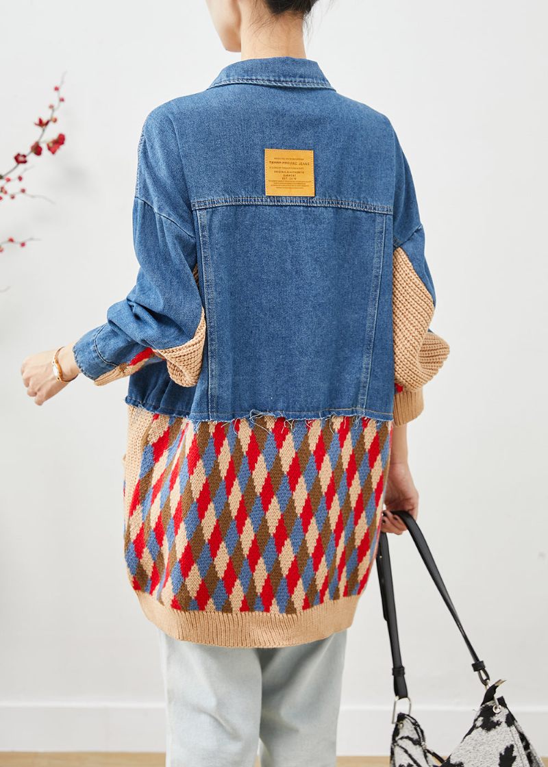 Art Blue Oversized Patchwork-fickor Denimjacka Höst - Vinterkappor för kvinnor