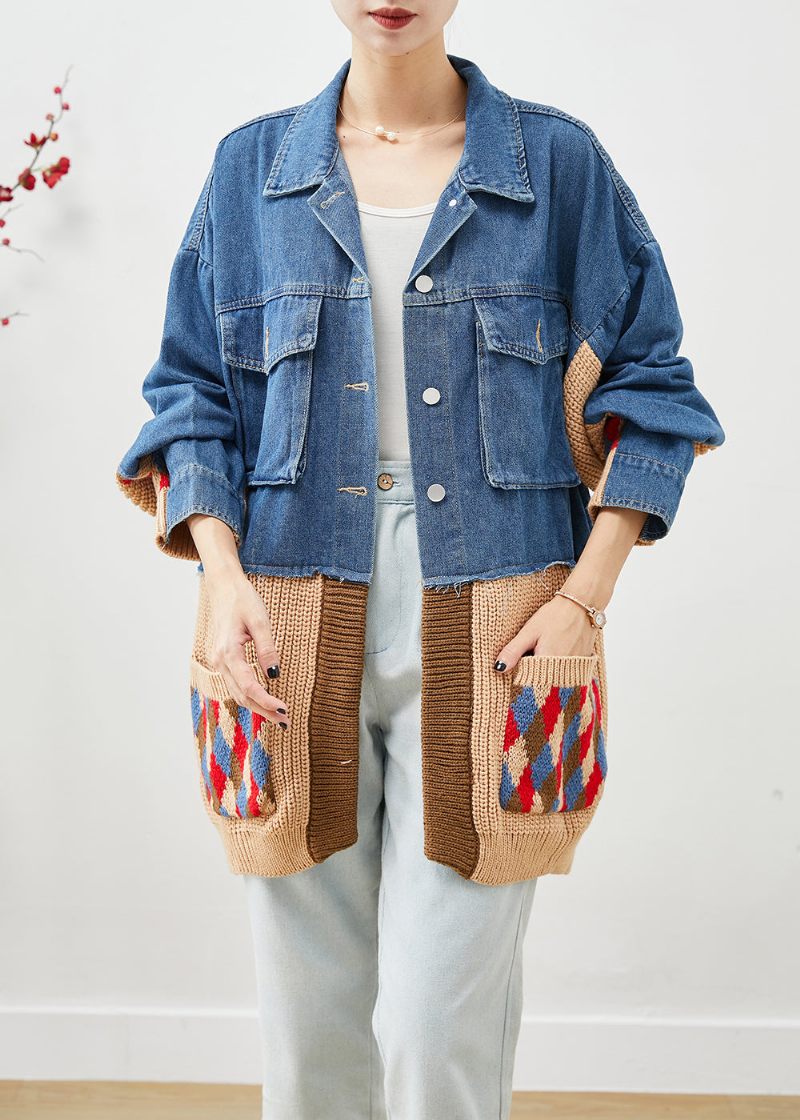 Art Blue Oversized Patchwork-fickor Denimjacka Höst - Vinterkappor för kvinnor