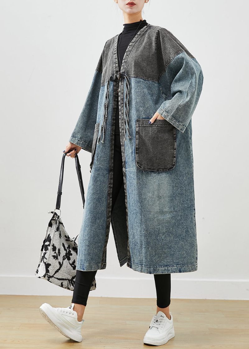 Art Blue Oversized Patchwork Lace Up Denim Cardigan Fall - Trenchcoats för kvinnor