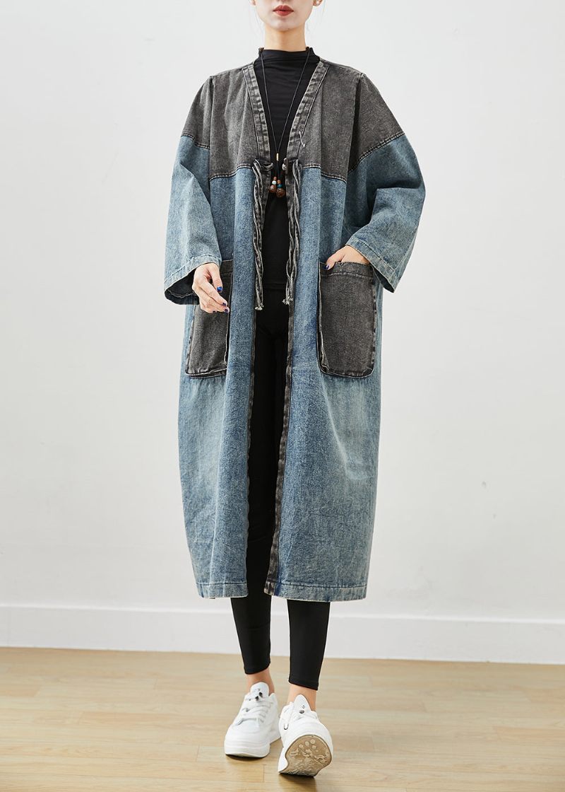 Art Blue Oversized Patchwork Lace Up Denim Cardigan Fall - Trenchcoats för kvinnor