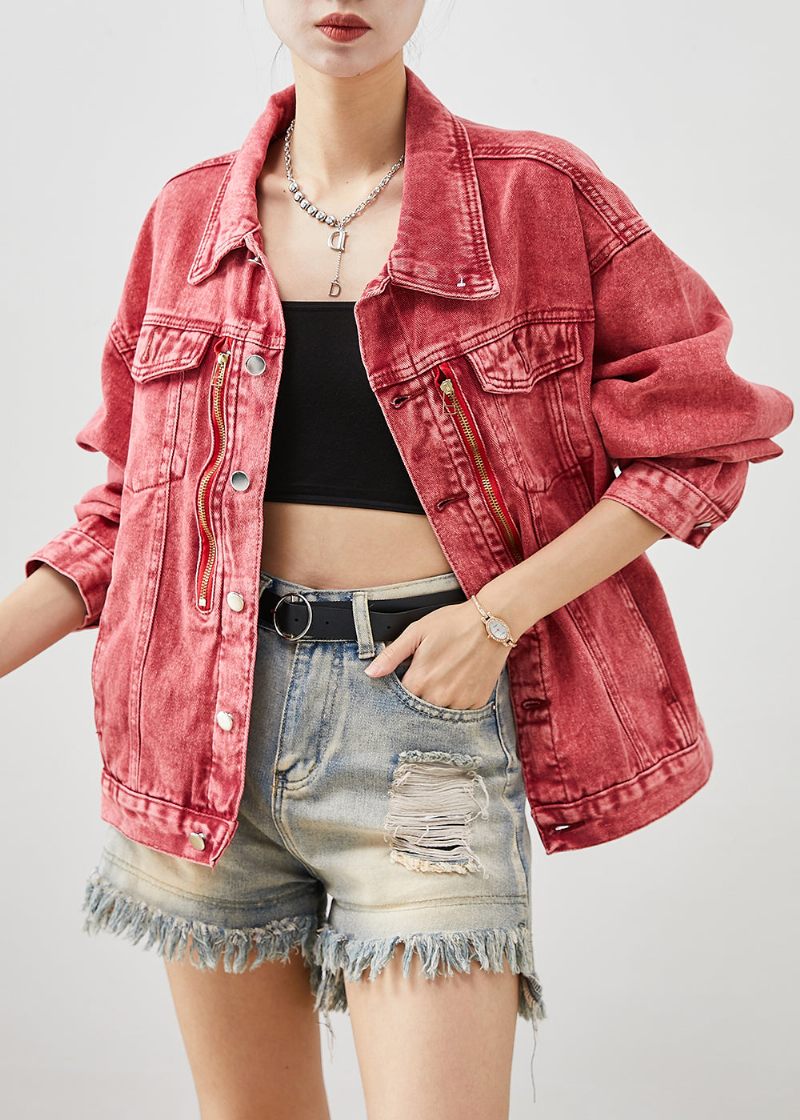 Art Brick Red Zip Up Oversized Jeansjackor Höst