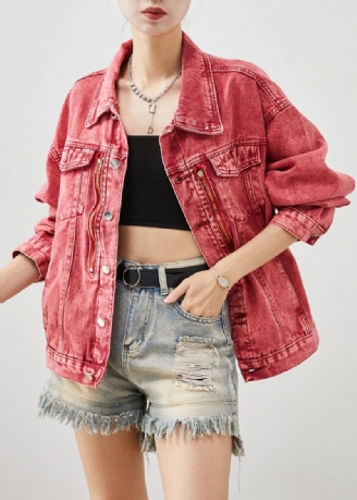 Art Brick Red Zip Up Oversized Jeansjackor Höst