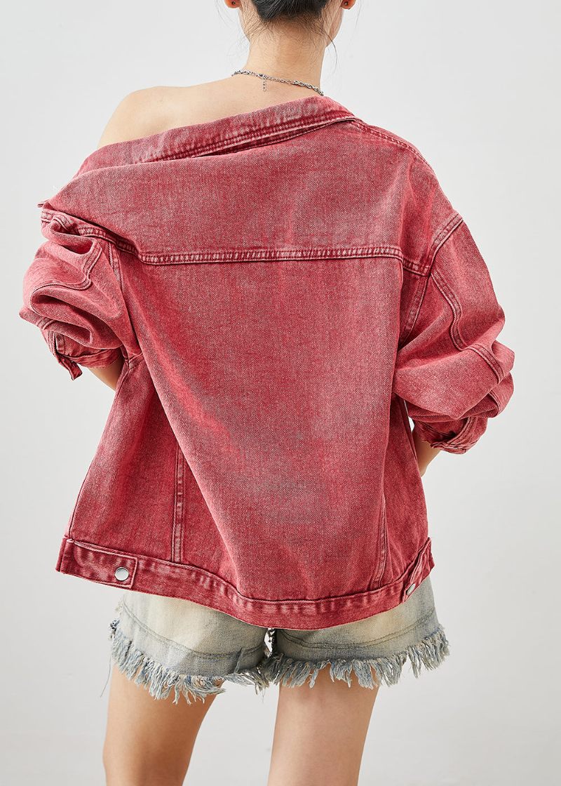 Art Brick Red Zip Up Oversized Jeansjackor Höst - Vinterkappor för kvinnor