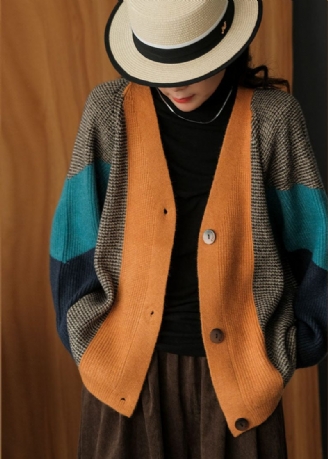 Art Colorblock Oversized Patchwork Stickad Cardigan Winter