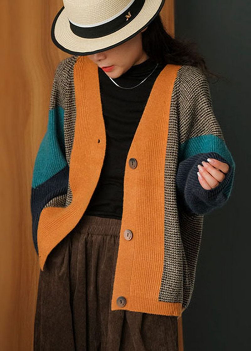 Art Colorblock Oversized Patchwork Stickad Cardigan Winter - Koftor för kvinnor