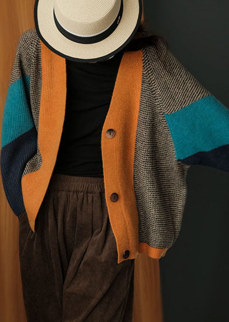 Art Colorblock Oversized Patchwork Stickad Cardigan Winter - Koftor för kvinnor