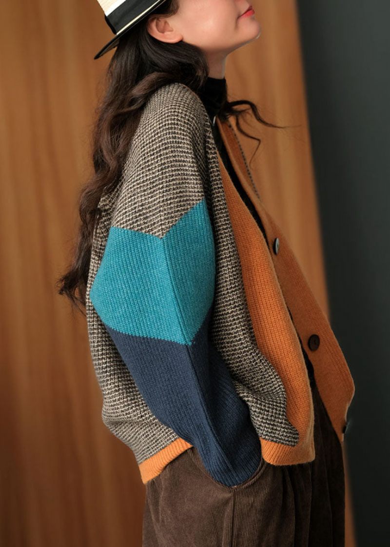 Art Colorblock Oversized Patchwork Stickad Cardigan Winter - Koftor för kvinnor