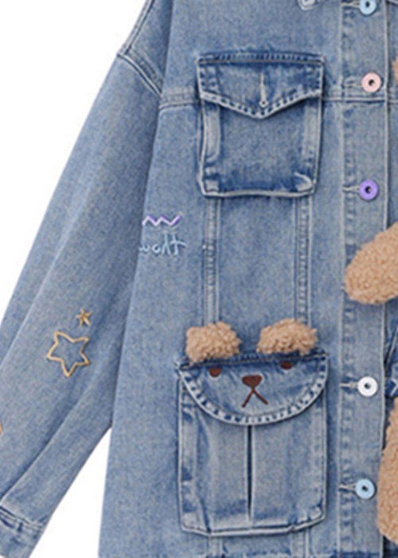 Art Denim Blå Peter Pan Krage Patchwork Little Bear Button Coats Fall - Vinterkappor för kvinnor