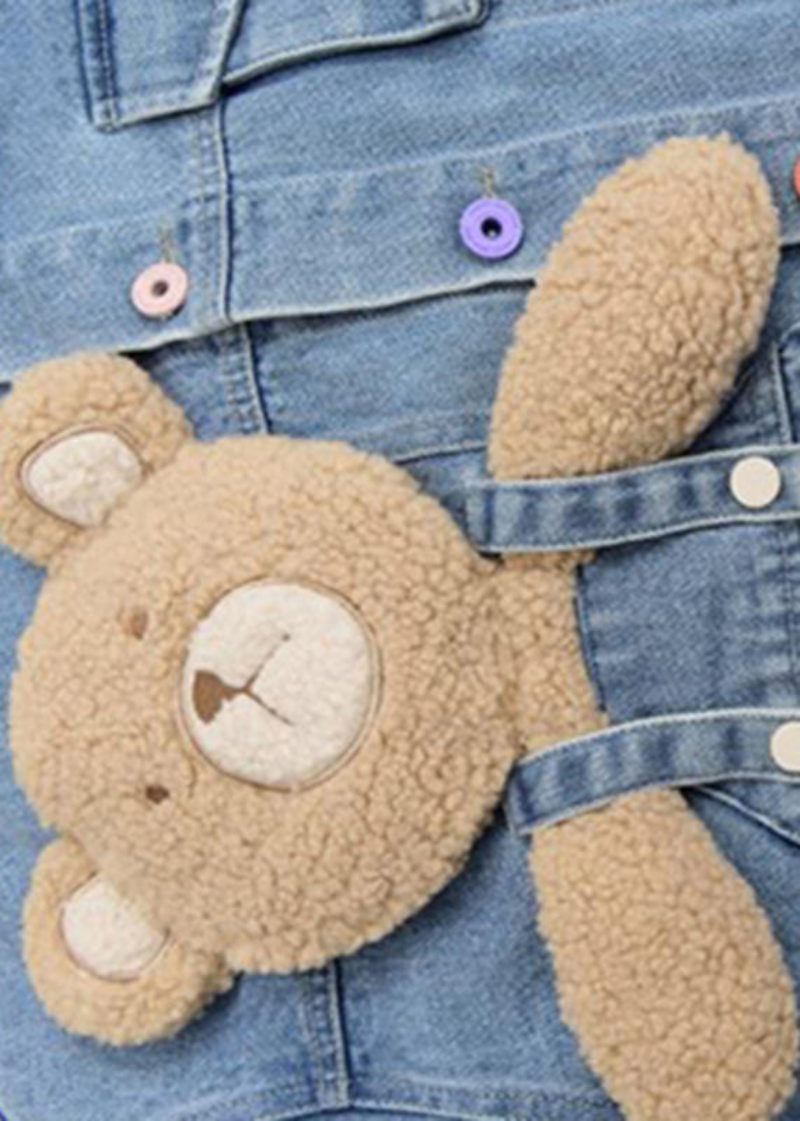 Art Denim Blå Peter Pan Krage Patchwork Little Bear Button Coats Fall - Vinterkappor för kvinnor