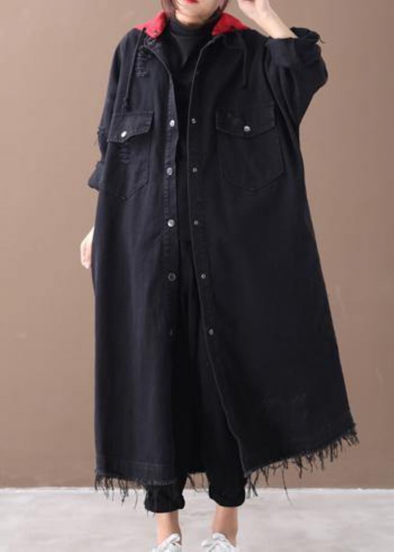 Art Denim Svart Plus Size Kläder Skjortor Hooded Button Down Kappor - Trenchcoats för kvinnor