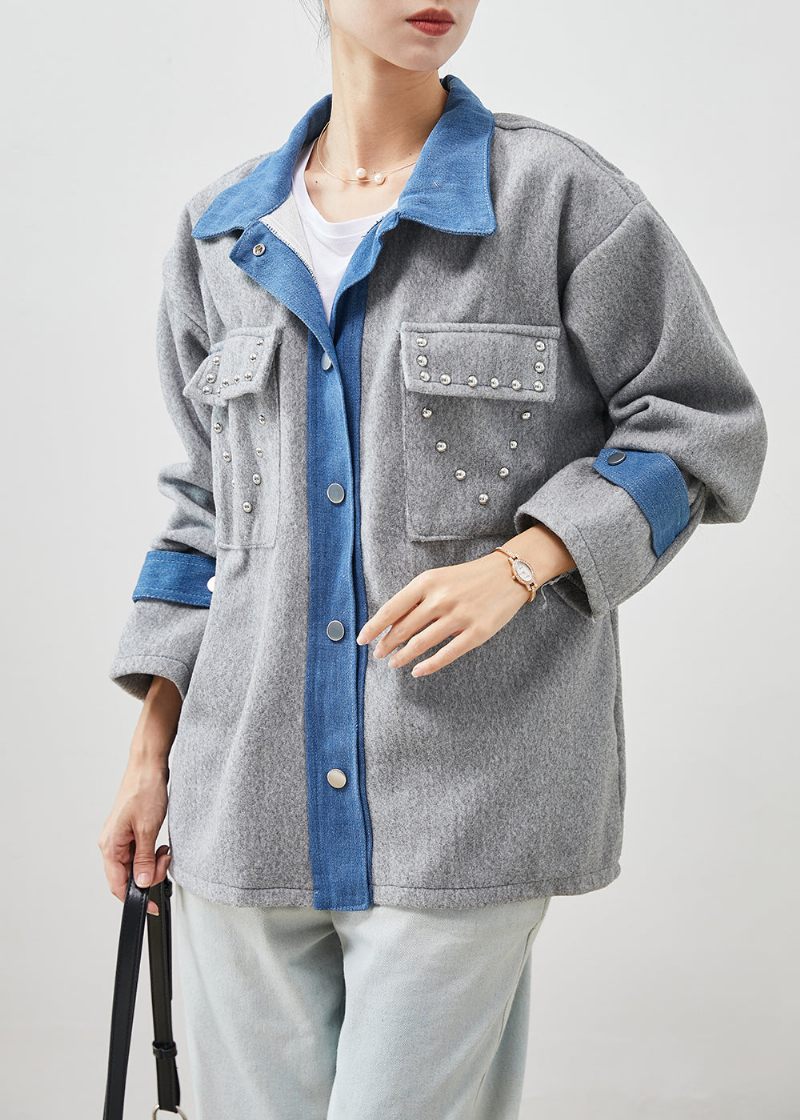 Art Grey Oversized Patchwork Rivet Woolen Jacka Spring