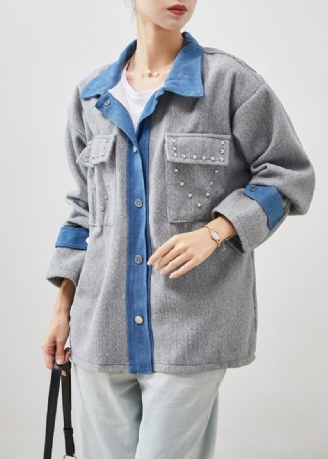 Art Grey Oversized Patchwork Rivet Woolen Jacka Spring