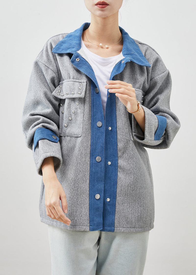 Art Grey Oversized Patchwork Rivet Woolen Jacka Spring - Ullrockar för kvinnor