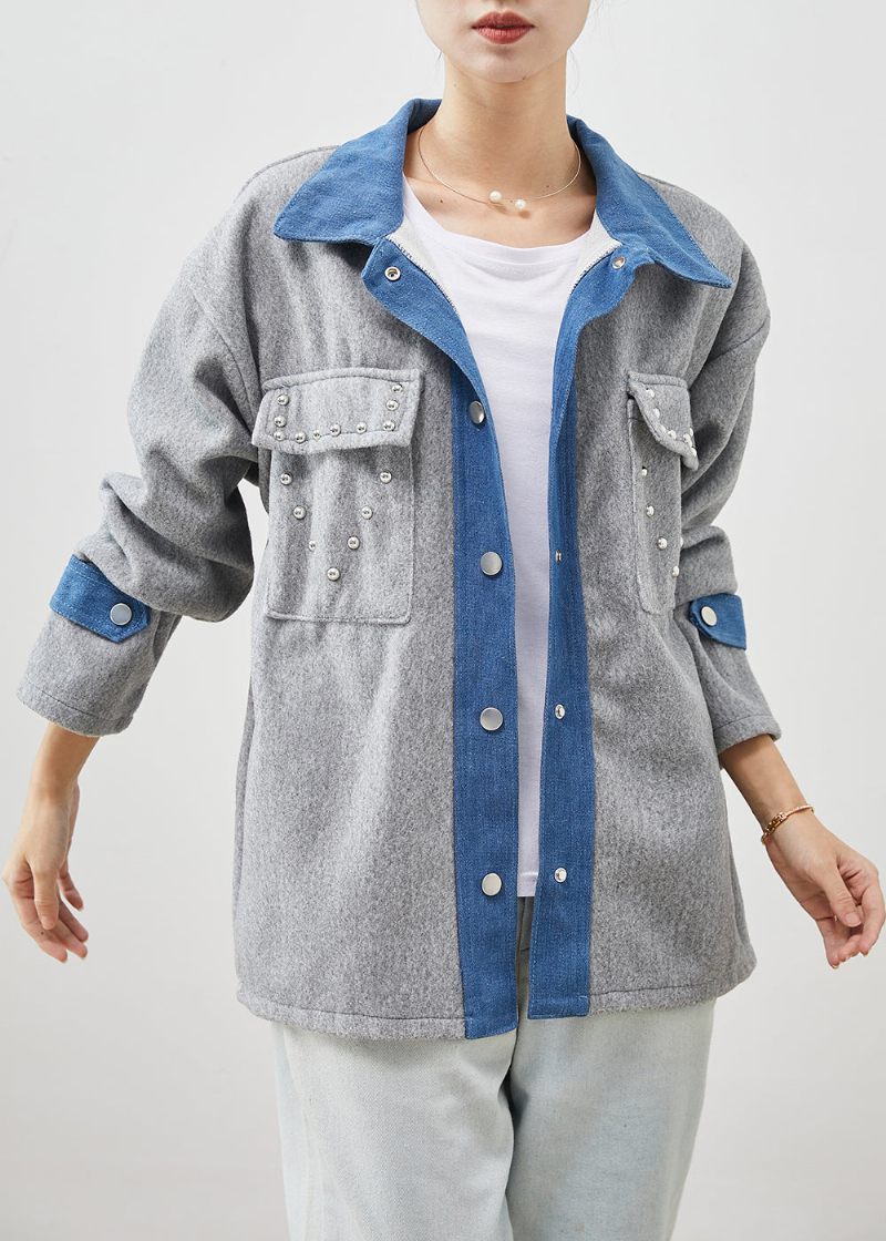 Art Grey Oversized Patchwork Rivet Woolen Jacka Spring - Ullrockar för kvinnor