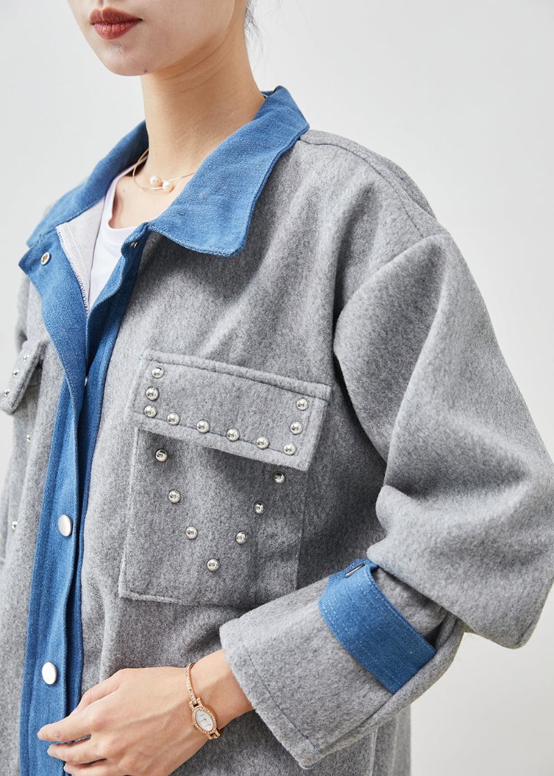 Art Grey Oversized Patchwork Rivet Woolen Jacka Spring - Ullrockar för kvinnor