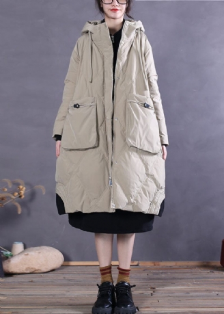 Art Khaki Hooded Pockets Duck Down Vinterdunkappa