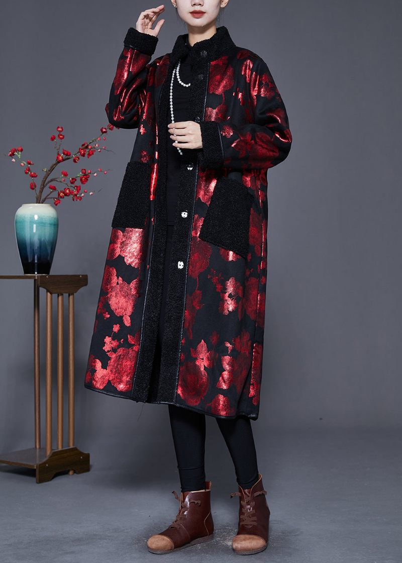 Art Mulberry Print Oversized Fleece Ull Fodrade Kappor Vinter - Ullrockar för kvinnor