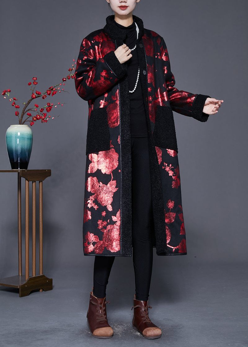 Art Mulberry Print Oversized Fleece Ull Fodrade Kappor Vinter - Ullrockar för kvinnor