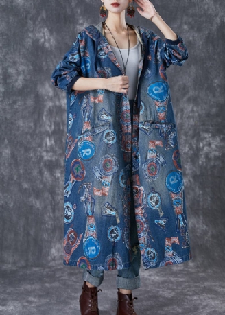 Art Navy Hooded Oversized Print Cotton Trench Coats Fall