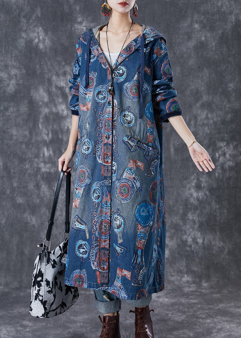 Art Navy Hooded Oversized Print Cotton Trench Coats Fall - Trenchcoats för kvinnor