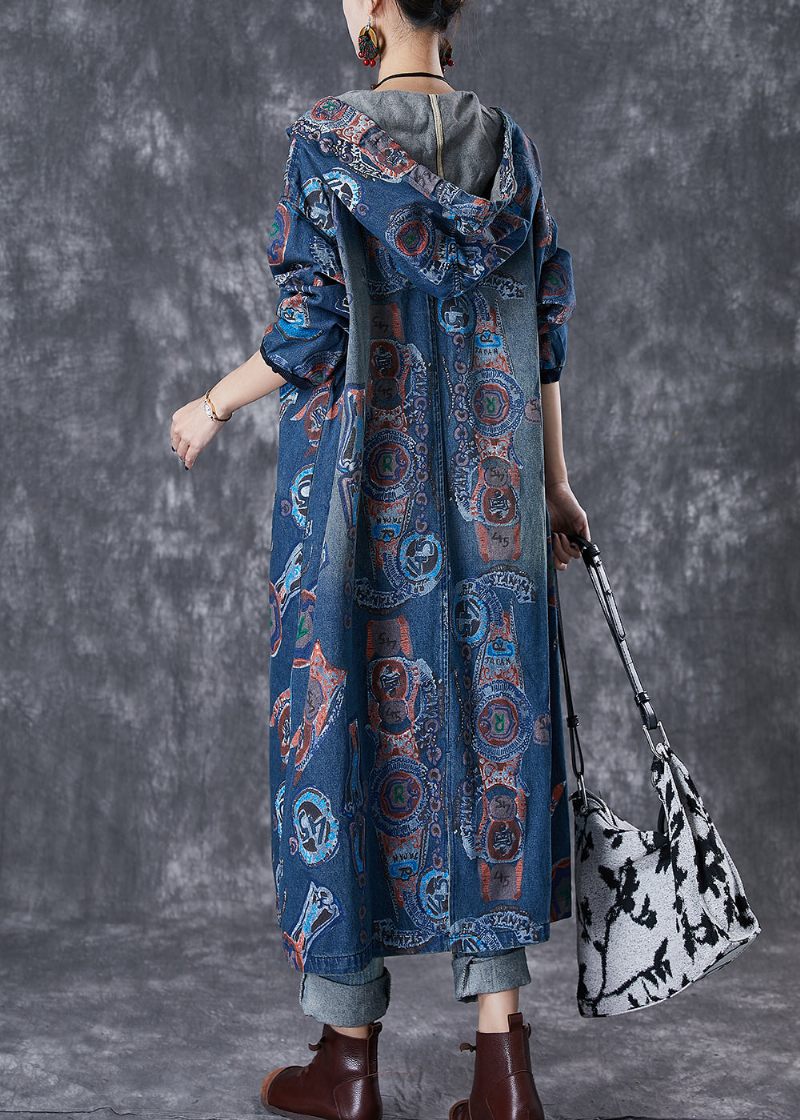 Art Navy Hooded Oversized Print Cotton Trench Coats Fall - Trenchcoats för kvinnor