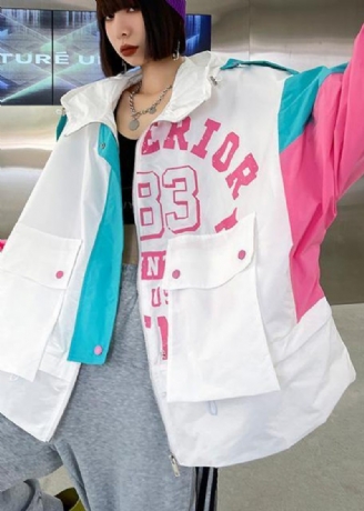 Art White Letter Patchwork Cotton Spring Hooded Coat