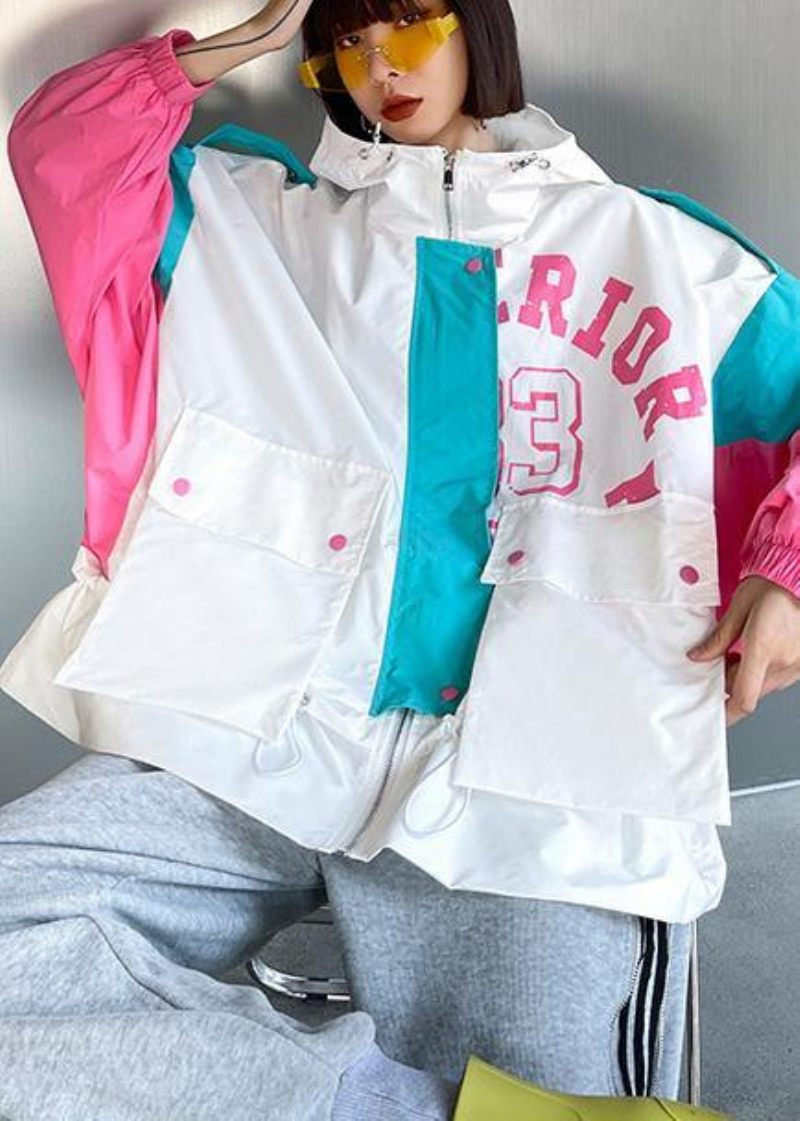 Art White Letter Patchwork Cotton Spring Hooded Coat - Vit