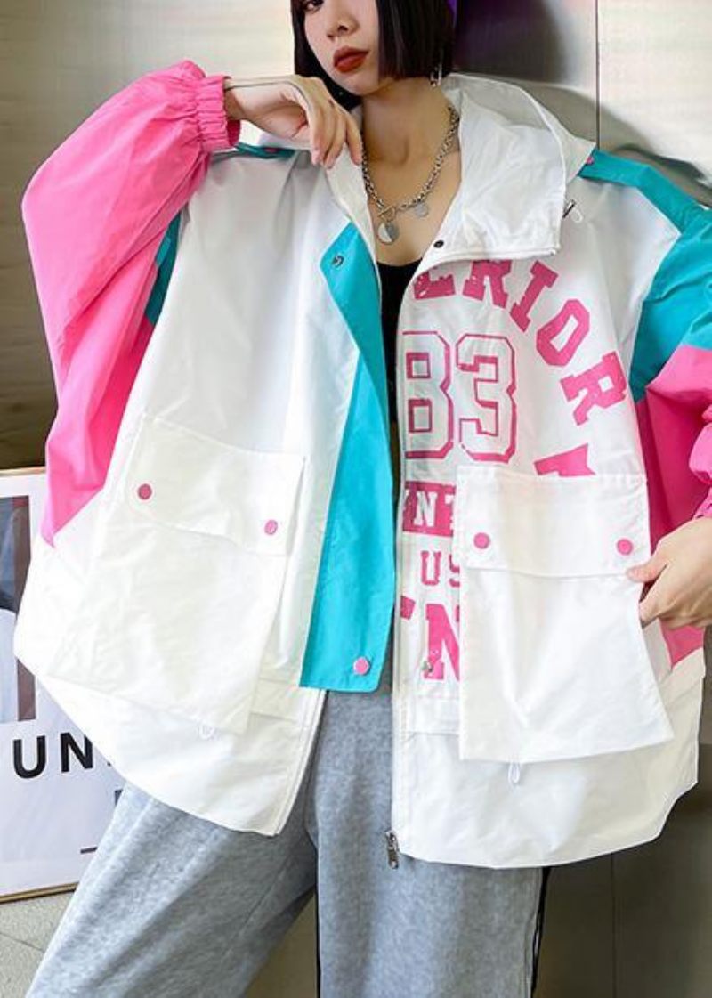 Art White Letter Patchwork Cotton Spring Hooded Coat - Vit