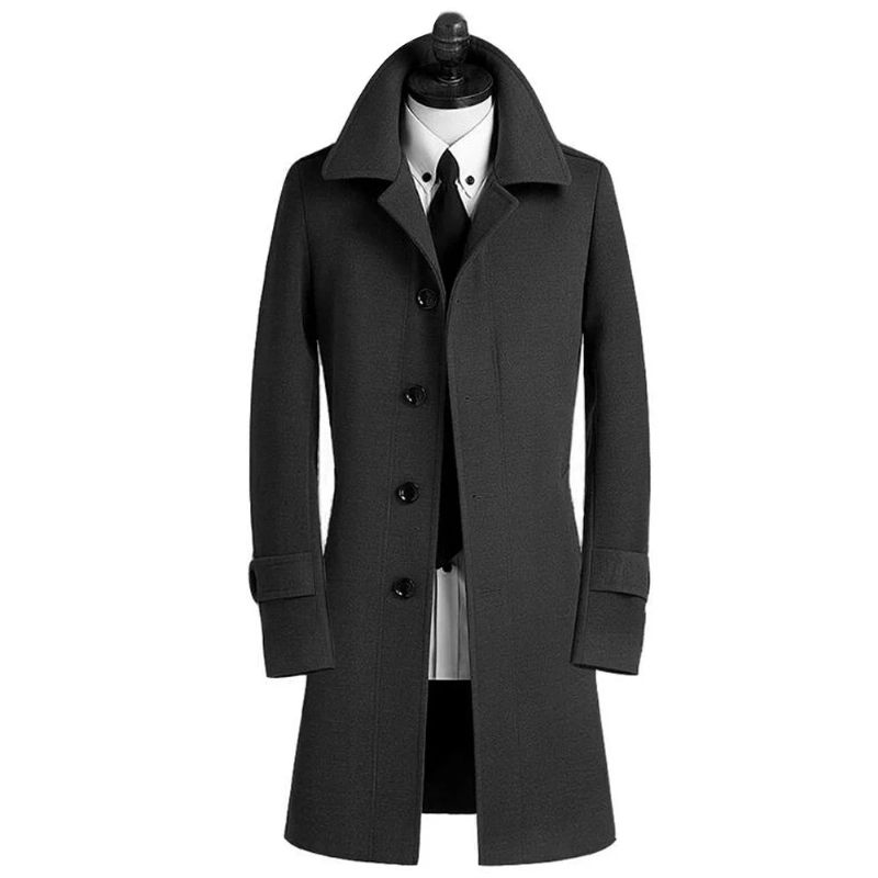 Avancerat Märkesbutik Ny Trenchcoat För Män Enkelknäppt Smal Kappa Business Casual Kostym Krage Ulljacka - Svart