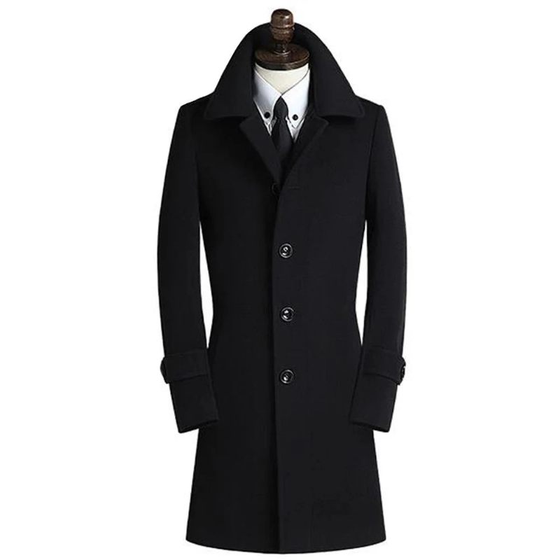 Avancerat Märkesbutik Ny Trenchcoat För Män Enkelknäppt Smal Kappa Business Casual Kostym Krage Ulljacka - Svart