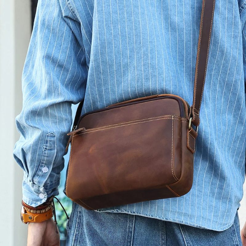 Axelväska För Män I Äkta Läder Vintage Messenger Bag Mini Crossbody-väska - Mörkbrun