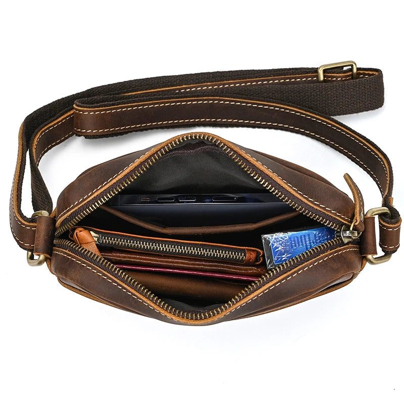 Axelväska För Män I Äkta Läder Vintage Messenger Bag Mini Crossbody-väska - Mörkbrun