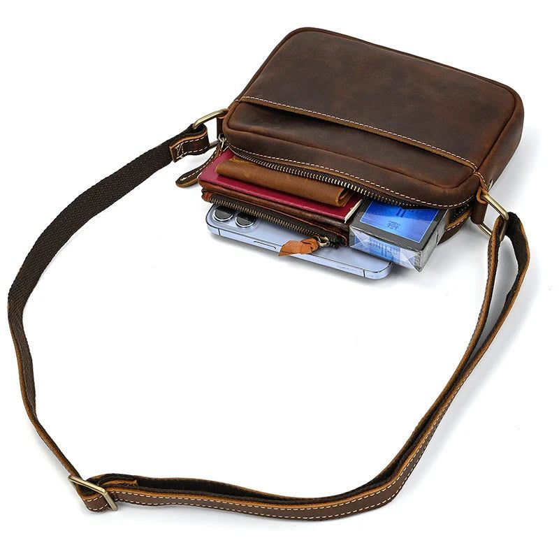 Axelväska För Män I Äkta Läder Vintage Messenger Bag Mini Crossbody-väska - Mörkbrun