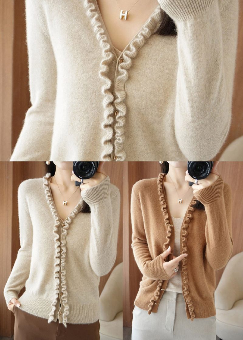 Beige Camel Color Button Tjock Cashmere Stickad Cardigans Långärmad - Beige Camel Color