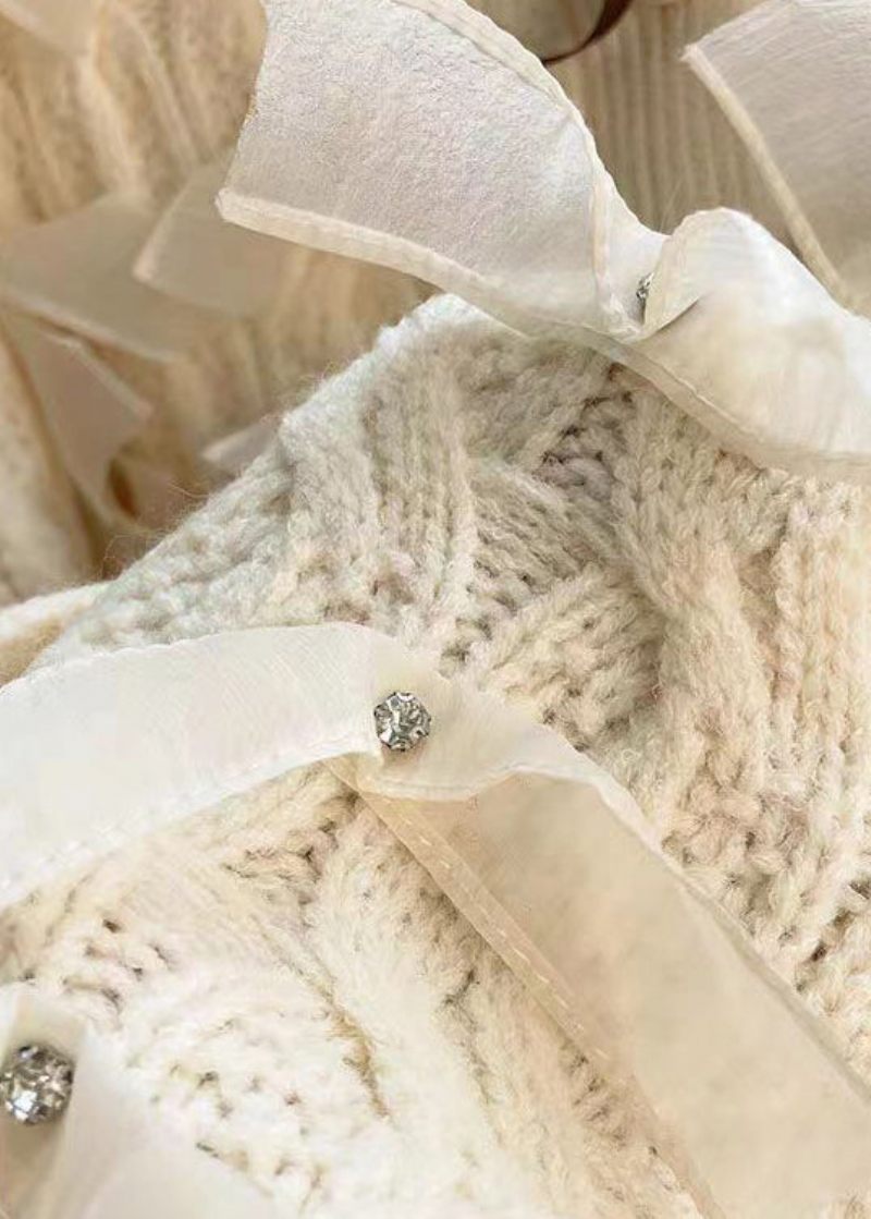 Beige Cozy Patchwork Knit Coats V-hals Långärmad - Koftor för kvinnor