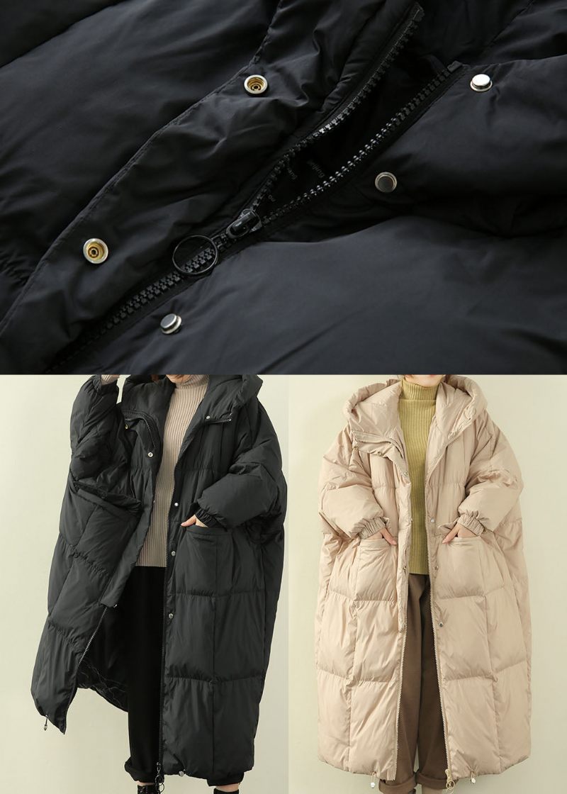 Beige Fickor Duck Down Coat Zip Up Winter - Svart