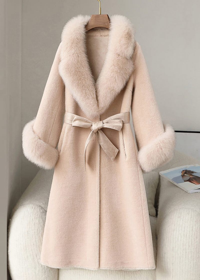 Beige Fickor Patchwork Fuzzy Fur Lång Kappa Pälskrage Långärmad