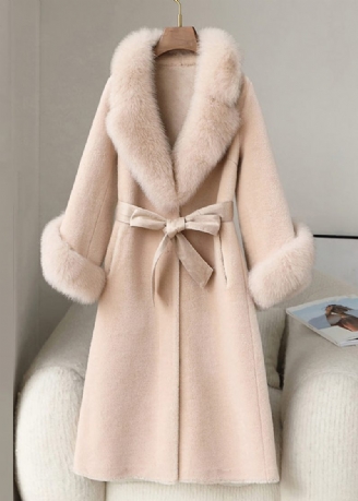 Beige Fickor Patchwork Fuzzy Fur Lång Kappa Pälskrage Långärmad