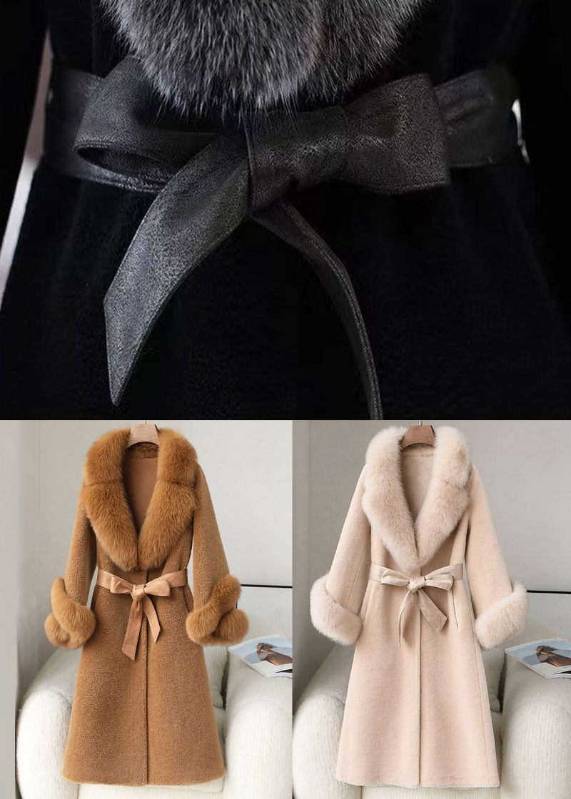 Beige Fickor Patchwork Fuzzy Fur Lång Kappa Pälskrage Långärmad - Vinterkappor för kvinnor