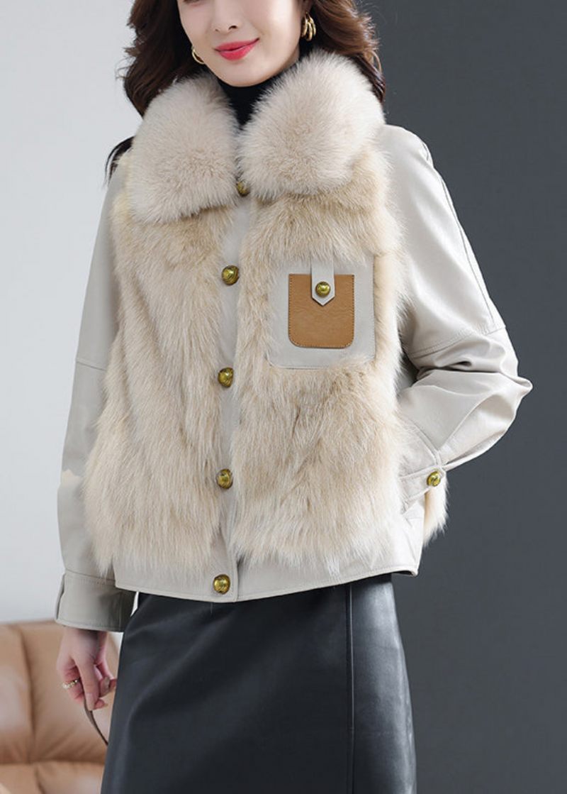 Beige Fox Krage Button Fårskinn Coat Fall