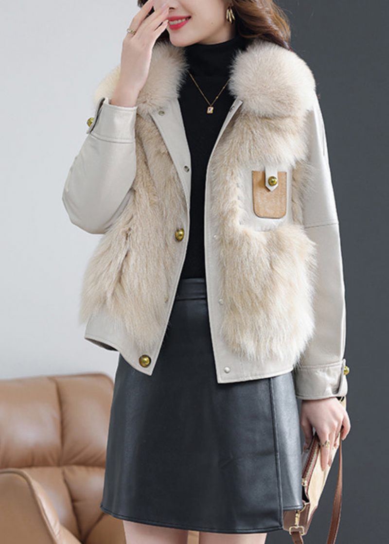 Beige Fox Krage Button Fårskinn Coat Fall - Beige