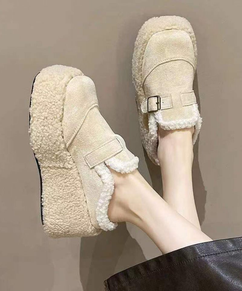 Beige Fuzzy Wool Fodrade Tofflor Skor Plattform Kilklackar