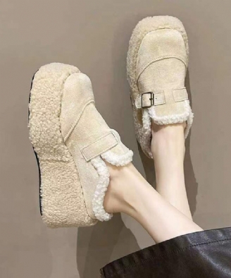 Beige Fuzzy Wool Fodrade Tofflor Skor Plattform Kilklackar