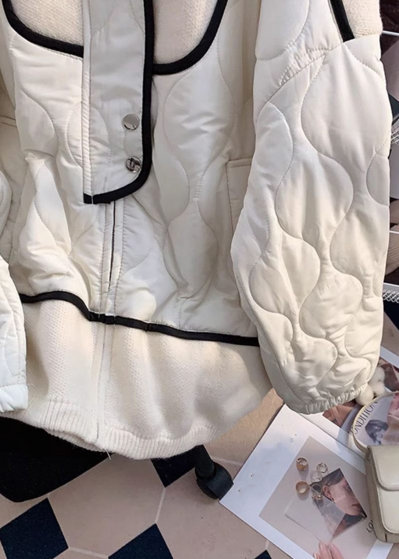 Beige Knappstickad Patchwork Parka Stativkrage Vinter - Dunjackor för kvinnor