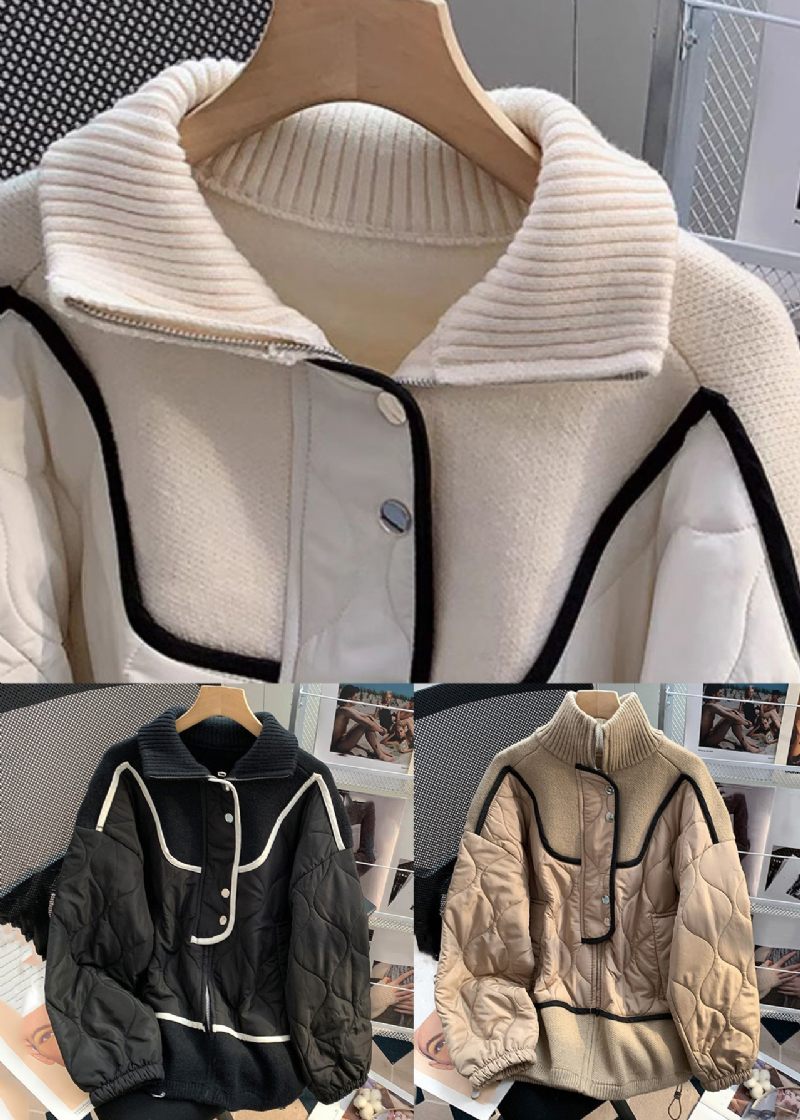 Beige Knappstickad Patchwork Parka Stativkrage Vinter - Dunjackor för kvinnor