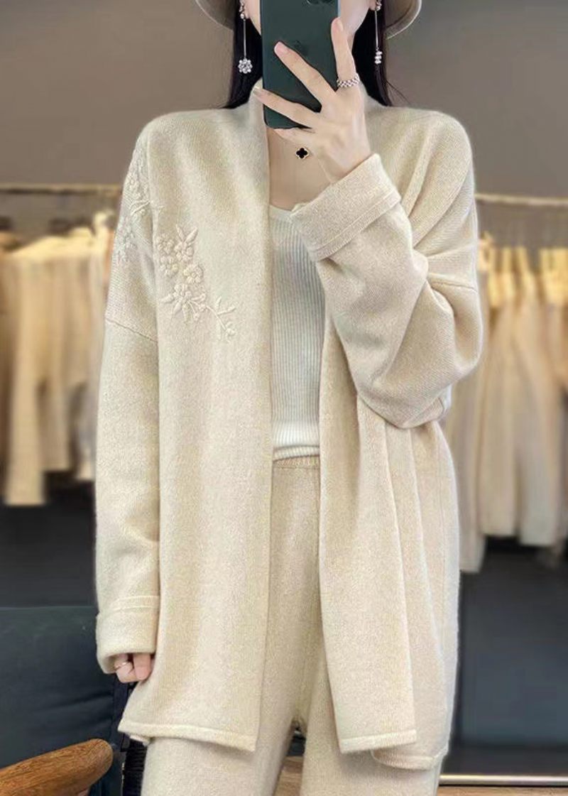 Beige Mysig Patchwork Cashmere Cardigan V-ringad Långärmad - Koftor för kvinnor