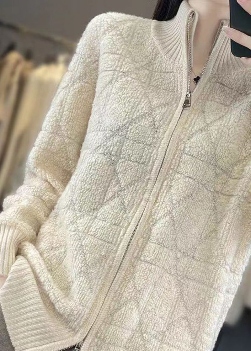 Beige Mysig Patchwork Ullrockar Stativ Krage Långärmad - Koftor för kvinnor