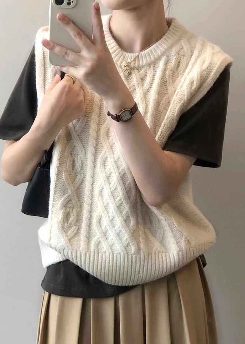 Beige Patchwork Lösstickad Väst Top O Neck Fall